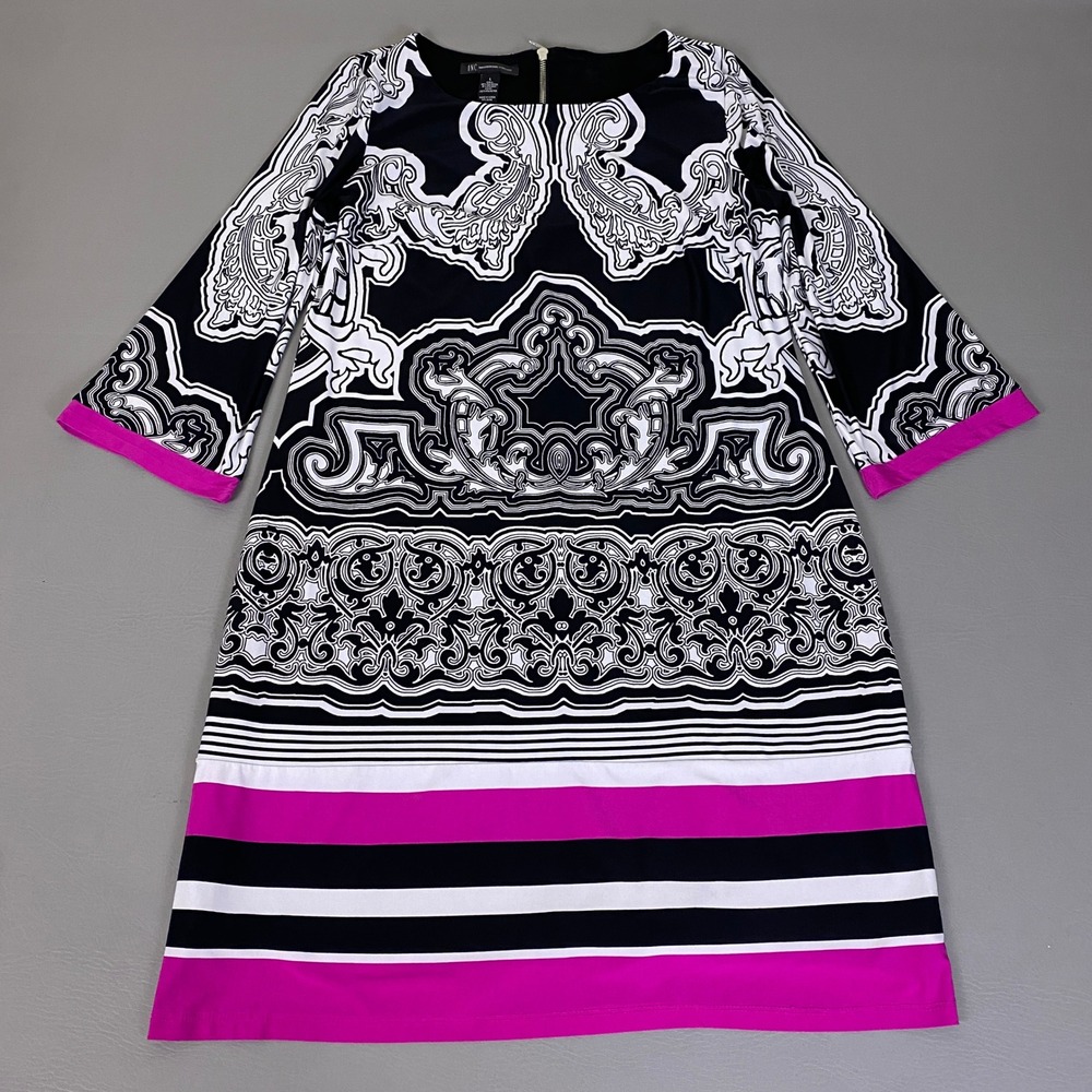 INC International Concepts Shift Dress Women Large Black Pink Paisley 3/4 Sleeve